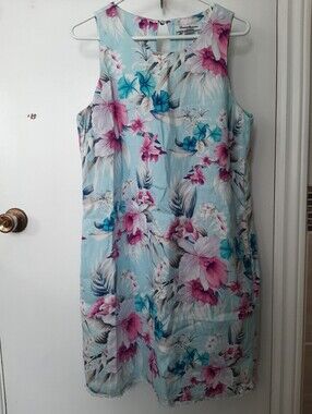 Tommy Bahama 100% Linen Sleeveless Floral Midi Dress Lined Blue/Pink Fringe